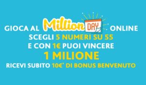 Estrazione Numeri Vincenti Million Day 13 aprile 2018. La lotteria che ti permette di vincere 1 milione giocando un solo euro. Il MillionDay è un gioco semplice, basta scegliere 5 numeri tra 1 e 55 compresi e l’importo della giocata è fisso: 1 Euro solamente.