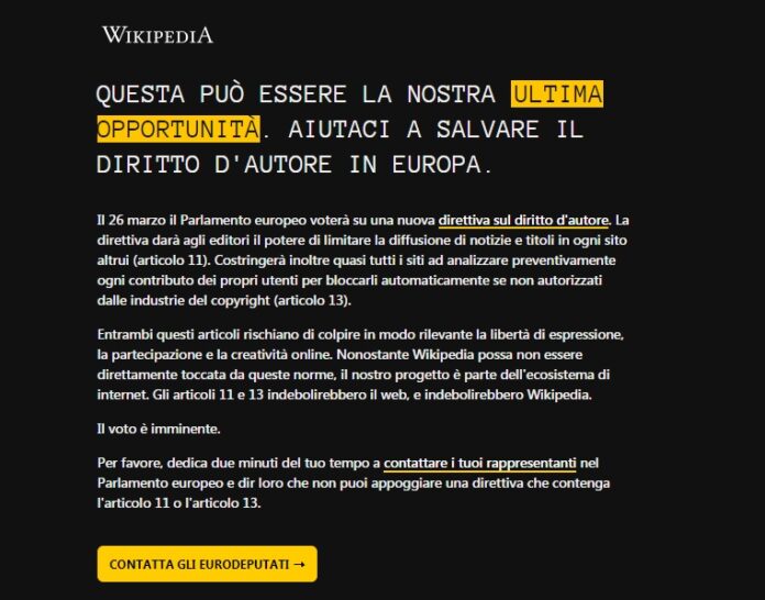 Wikipedia Italia: ecco perché il sito è oscurato? Domani il Parlamento Europeo discuterà il testo di legge sulla riforma del diritto d'autore (Copyright)